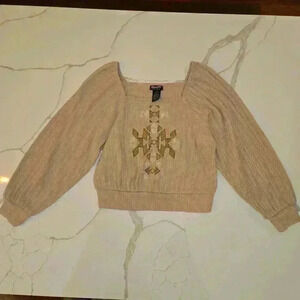 Wrangler Retro Womens Square Neck Embroidered Balloon Sleeve Top Tan Size Small